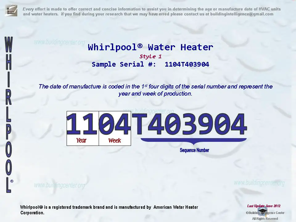 Whirlpool Water Heater Age Chart