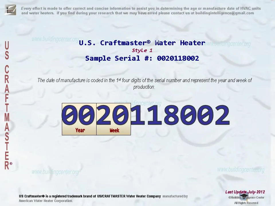 Us Craftmaster Water Heater Age Chart